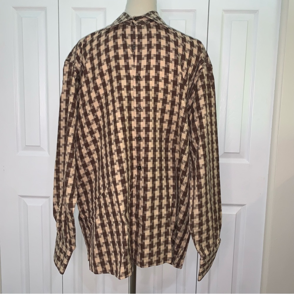Nodus 16/41 men’s button up cotton brown/cream/tan squares shirt gold buttons